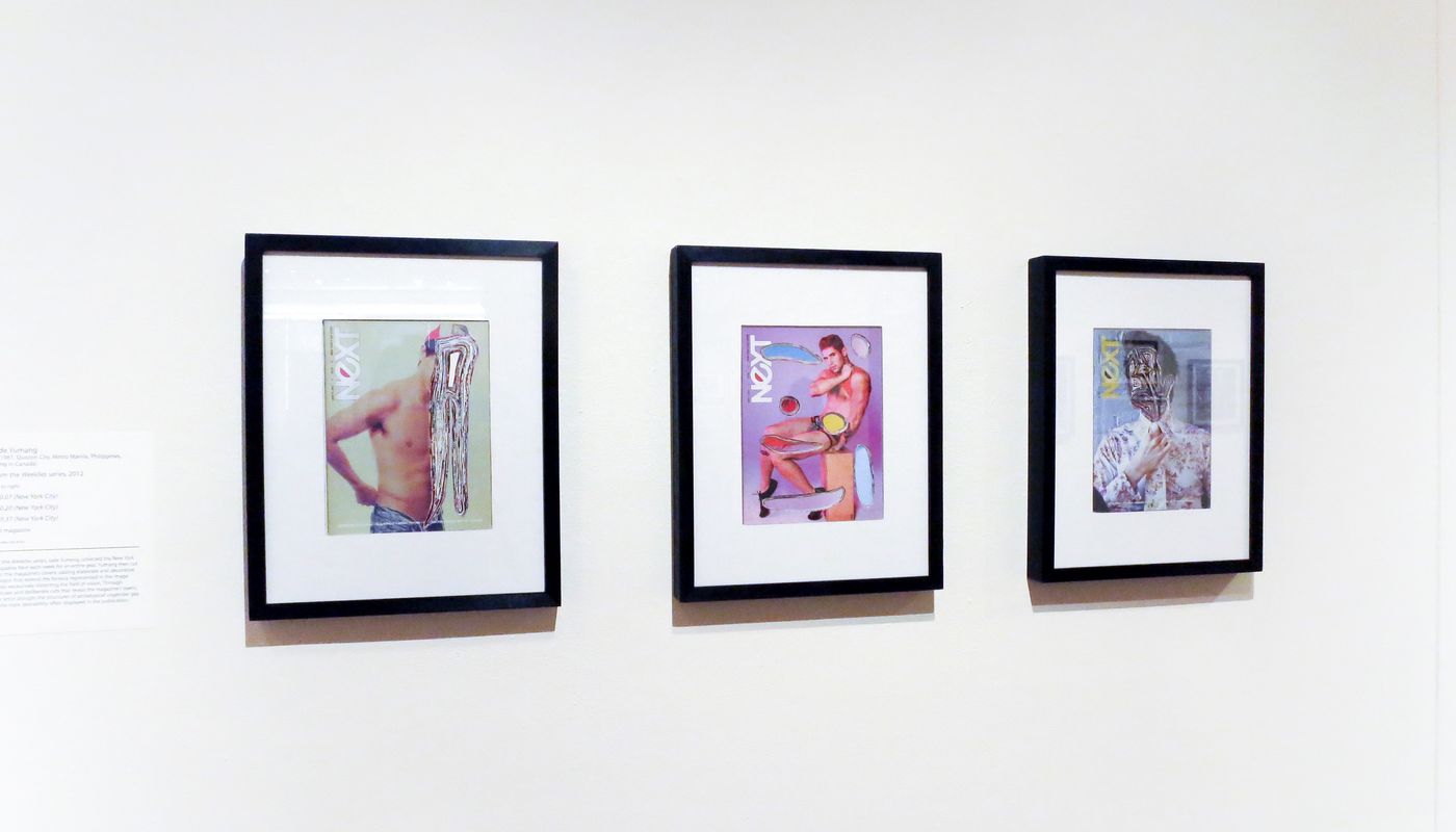 Installation shot of three framed cut outs using a 2012 NYC gay guide.