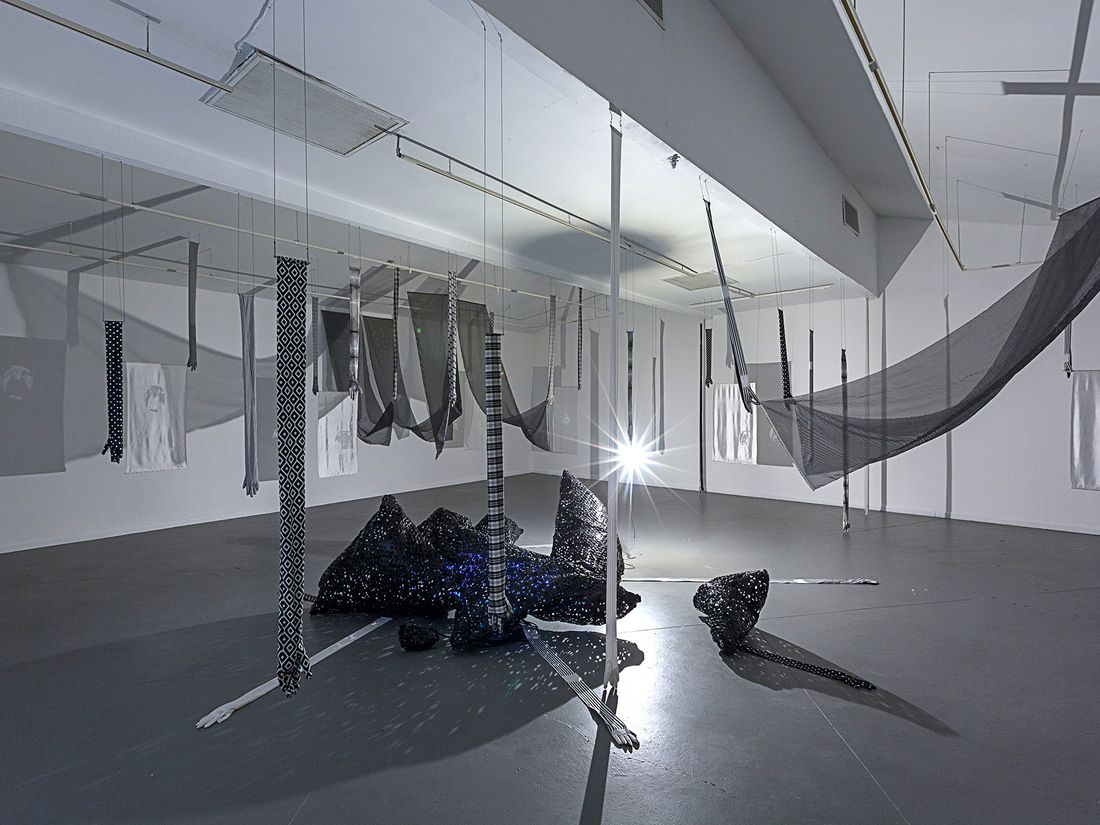 An installation shot of a show at Art League Houston. The installation is lit by two light sources (light bulb and projector) to cast shadows around the gallery. White satin panels are silkscreened devoré, which eats away the cellulose portion of the fabric. This technique keeps the silk structure of the material intact to reveal portraits that are only clearly visible and sharp through the shadow. Edited and looped videos of queer characters from several films are projected through porous sculptures made from polyethylene to mimic nitrate film resulting in a mottled image on the wall. Photo credit: Alex Barber