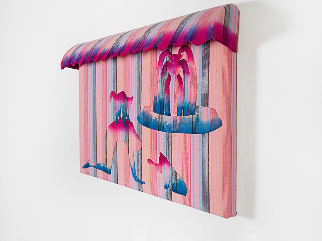 Striped wall piece in pink, cyan, and yellow tones composed using needle appliqué and dye in magenta and teal framed with an awning on top.