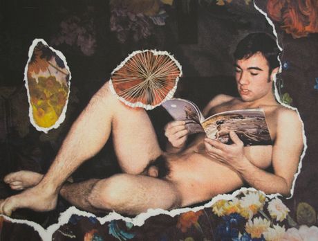 Print and torn paper of gay pornographic image with stitching.