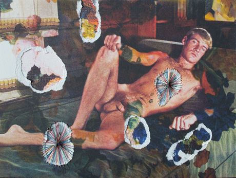 Print and torn paper of gay pornographic image with stitching.