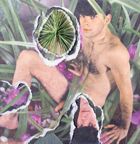 Print and torn paper of gay pornographic image with stitching.