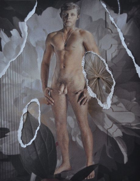 Print and torn paper of gay pornographic image with stitching.