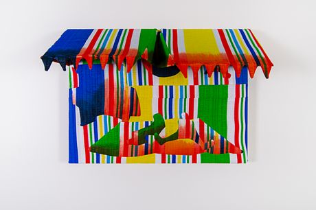 Striped wall piece in primary colors composed using needle appliqué and dyed in orange framed with a split awning on top.